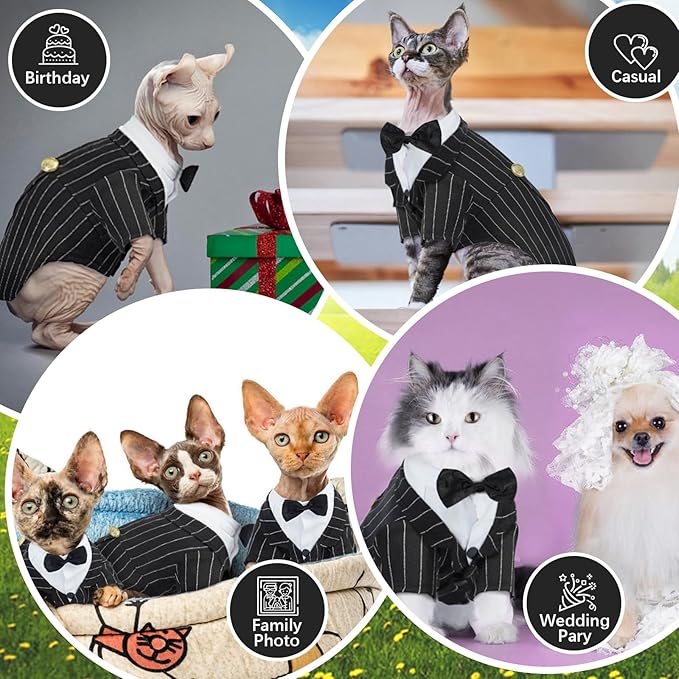 QBLEEV Cat Tuxedo Outfit, Formal Cat Suit Costume with Bow Tie, Sphynx Hairless Clothes for Cats Only, Kitten Wedding Birthday Party Attire Apparel for Male Boy, Cute Small Pet Gentleman Formal Wear