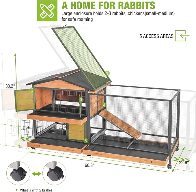 GUTINNEEN Rabbit Hutch with All Around Metal Frame, Ramp, Large Mobile Bunny Cage with 6 Wheels, 2 Story Wooden Cage for Rabbits, Guinea Pigs, and Chickens, Outdoor/Indoor Use, 62"L x 22.6"W x 33.5"H