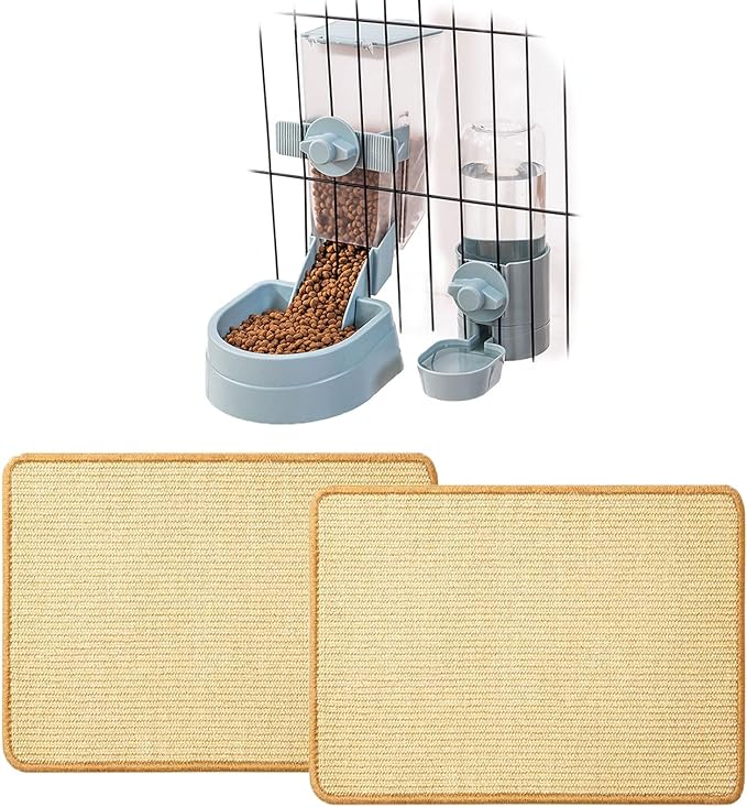 Oncpcare Rabbit Food Water Dispenser, 2PCS Rabbit Scratch Mat Natural Bunny Scratching Pad 24x16