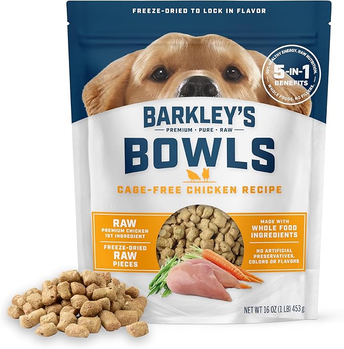 Barkley’s Bowls, Freeze-Dried Raw Chicken Dog Food, Fresh Whole Food Ingredients with Cage-Free Chicken, Grain Free, High Protein for Balanced Nutrition, Dog Treats or Topper, 16 Oz Bag