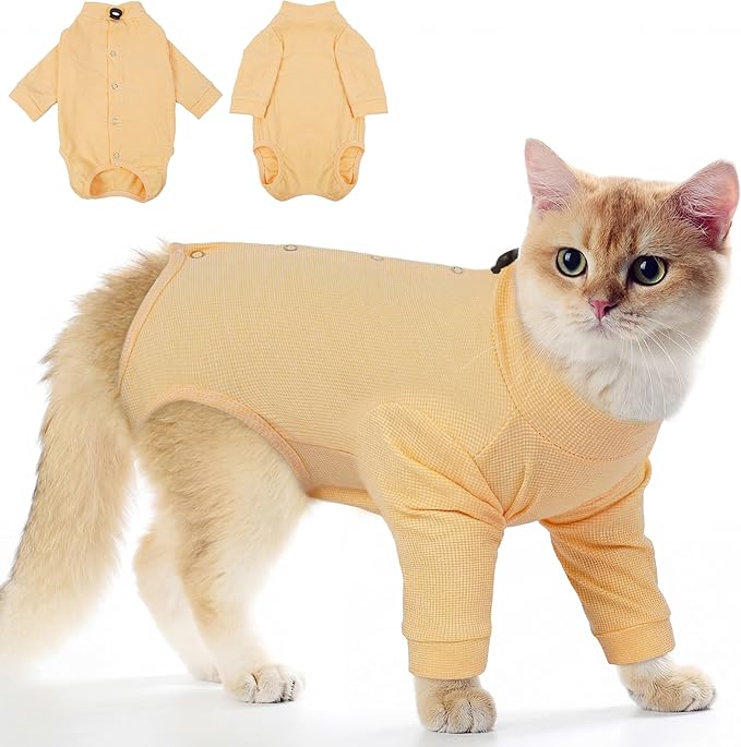 PUMYPOREITY Adjustable Cat Recovery Shirt, Front Leg Injury Suit, Stretchable & Comfortable, Anti-Licking Long Sleeve Wound Cover, Prevents Scratching & Biting, Machine Washable, Orange, S