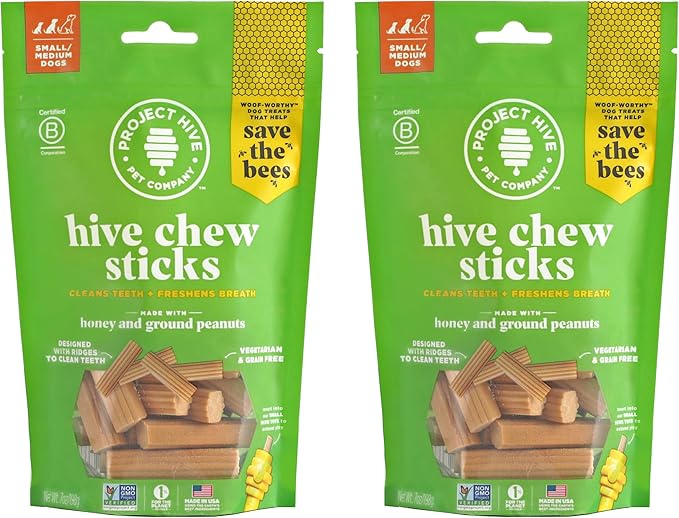 Dental Chew Sticks for Dogs 2-Pack, 7 oz Each – Small (S/M) – Textured Dental Treats, Fit Hive Toys – Vegetarian, Made with Ground Peanuts & Honey, No Grain or Soy, Cleans Teeth & Freshens Breath