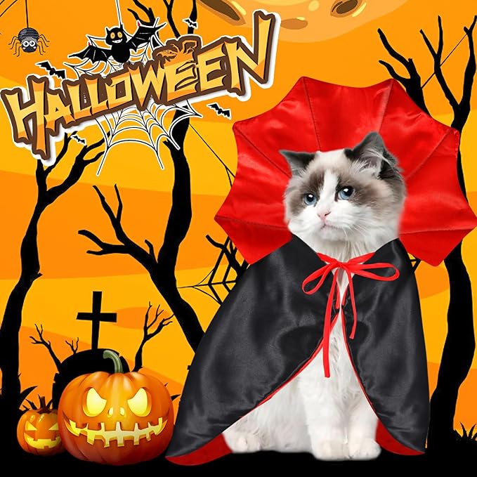QKURT Cat Vampire Cloak-Pet Halloween Costumes, Dogs Cats Cape, Pet Cosplay Vampire Cloak & Accessories Costume Outfit for Halloween Party (Red,L)