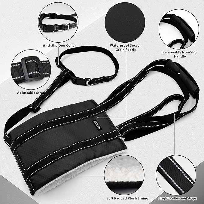 AIITLE Dog Carrier Sling for Large Dogs - Adjustable Anti-Slip Lift Harness with Detachable Reflective Collar & Thick Plush Padding, Mobility Aid for Hind Leg Support, Senior and Rehab (Black, XL)