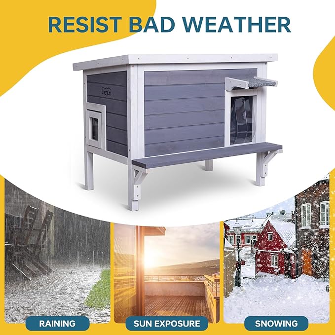 Winter-Proof Insulated Outdoor Cat House – Large Weatherproof Wooden Shelter for Feral & Stray Cats in All Seasons, Heated Cat Enclosure with Removable Roof & Elevated Floor