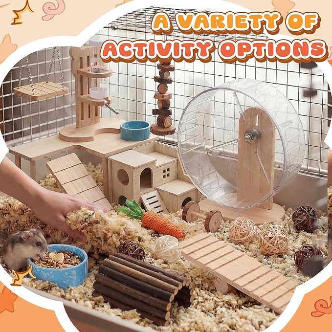 40 Pcs Hamster Cage Accessories, 9.5'' Exercise Wheel, Wood Platform Hideout House, Water Bottle, Sand Bath, Bowl, Chew Toy for Syrian Hamsters Mice Gerbils Habitat Decor(Active Style)