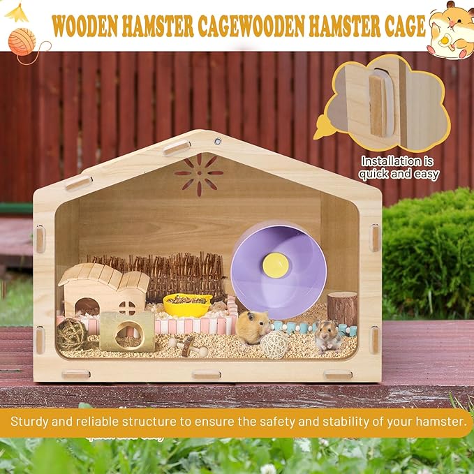 Wood Hamster Cage, 15.7×11.8×11.8in House-Shaped Hamster Enclosure with Transparent Design, Small Pet House for Dwarf Hamsters, Gerbils and Baby Fancy Rats, Gerbil Accessories (15.7×11.8×11.8 in)