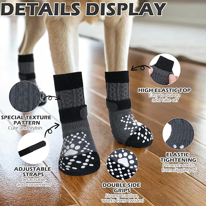 EXPAWLORER Dog Socks for Prevent Licking Paws,Winter Boots & Paw Protectors, Non Slip Doggie Grippy Booties for Hardwood Floors, Shoes for Small Medium Large Senior Dogs Twists Grey S