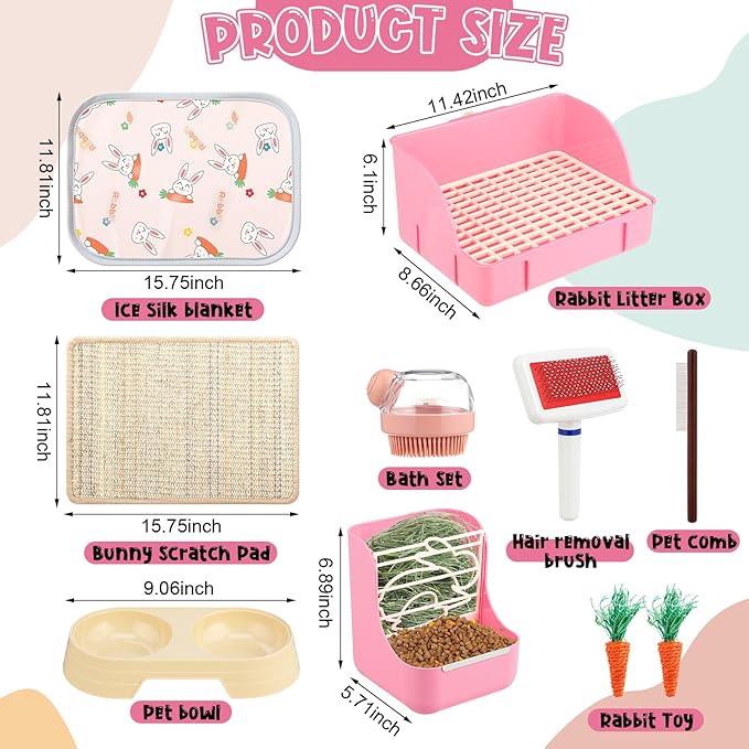 Honeydak 10 Pcs Rabbit Starter Kit Small Litter Box Bunny Grooming Kit Scratch Pads Hay Feeder Bowl Ice Pad with Bunny Toys for Guinea Pig Rabbit Accessories(Pink)