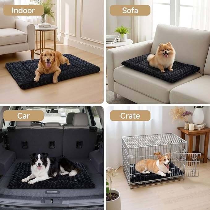 Washable Dog Bed Mat Soft Dog Crate Pad Fluffy Pet Kennel Beds Sleeping Mattress with Non-Slip Bottom for Large Jumbo Medium Small Dogs, 47 x 29 Inch, Black