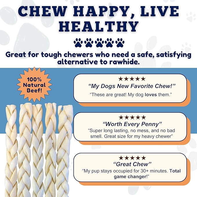 Amazing Dog Treats - Beef Cheek Braids Dog Chew (6 Inch - 50 Count) - NO Odor - Rawhide Alternative - Beef Cheek Slice Chip Sticks - No Dyes, Chemicals, or Preservatives