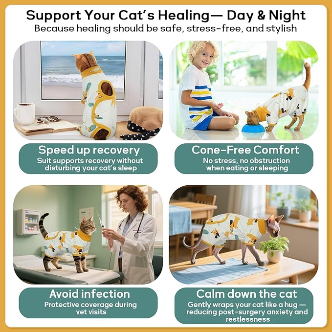 QBLEEV Cat Recovery Suit for Post Surgery, Spay Neuter Suit for Cats, Soft Stretchy Cotton Cat Onesie for Skin Diseases, Anti-Lick Surgical Shirt Pajamas for Abdominal Wound, Kitten Cone Alternative