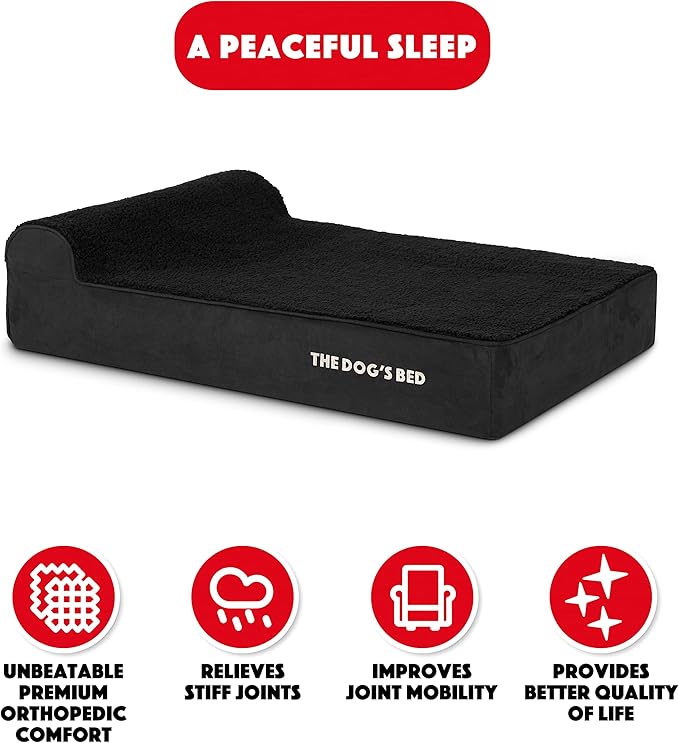 The Dog’s Bed Orthopedic Memory Foam Dog Bed with Headrest, Calming Surface – CertiPUR-Certified Foam, Plush Fabric, Black Plush, Large, 6-Inch