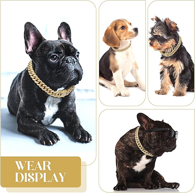 Tallew Gold Dog Chain Diamond Collar Walking Metal Chain Necklace with Secure Buckle Pet Cuban Style Collar Jewelry Accessories for Small Medium Large Dog Cats (10 inch)