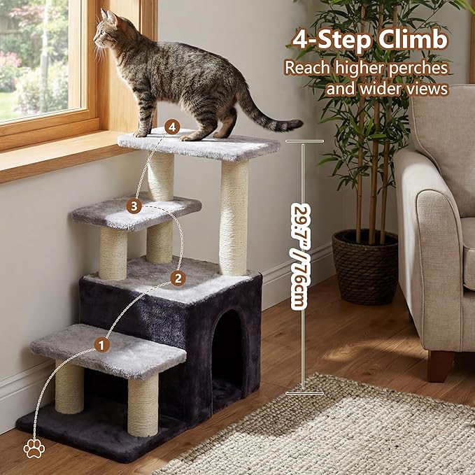 Heybly Pet Stairs for Cats, 29.5 inch High Dog Steps for Small Doggie Rabbits, 9.8''Depth Cat Stairs, Indoor Cat Ladders for High Bed for Pet's Joints, 1 Condo Cave, 6 Sisal Scratcher HSP002SGW