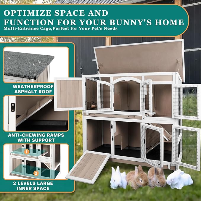 Rabbit Hutch Indoor and Outdoor 2-Story Rabbit Cage with Pull Out Tray,Fir Wood Pet House with Wooden Ramp,Waterproof Bunny Cage Indoor with 2 Asphalt Roofs,Grey (19.7" L x 42.7" W x 47.2" H-P33)