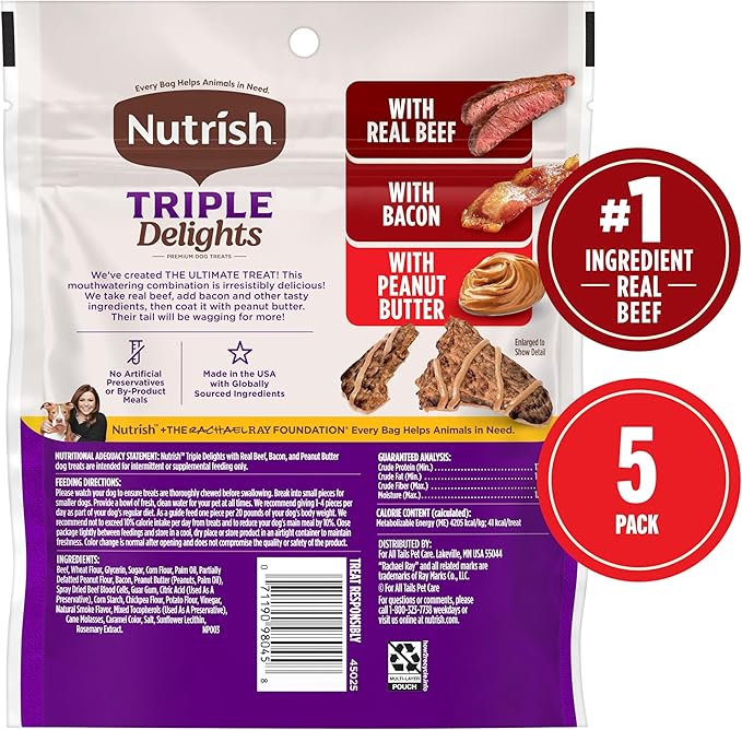 Nutrish Triple Delights Premium Dog Treats with Real Beef, Bacon, and Peanut Butter, 4.5 oz. Pouch, Pack of 5