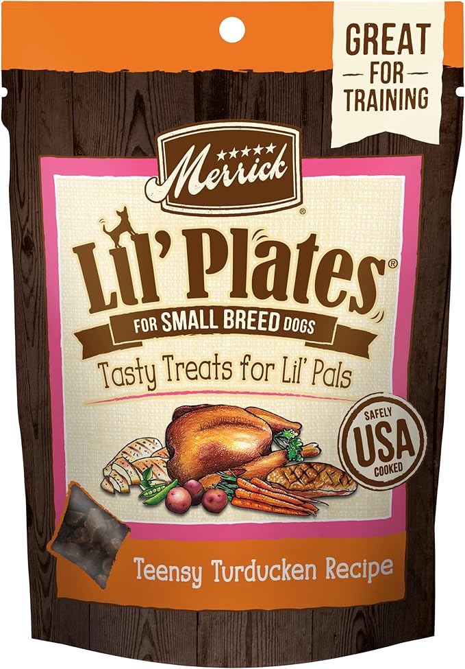 Merrick Lil’ Plates Grain Free Small Dog Treats, Natural Training Treats For Small Dogs, Teensy Turducken - 5 oz. Pouch