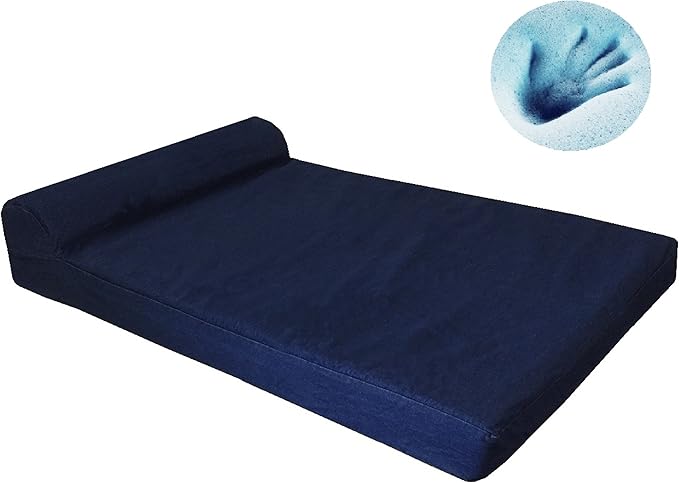 Dogbed4less Premium HeadRest Pillow Orthopedic Cool Memory Foam Dog Bed for Large Dogs, Waterproof Lining with Washable Denim Blue Cover, XXL 55X37