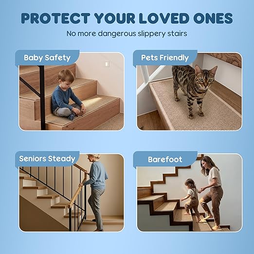 GOYLSER Peel and Sticker Jute Stair Treads Non Slip for Wooden Steps Indoor, 15 Pack Rubber Backed Stair Pads Rug, Removable Khaki Adhesive Staircase Mat Step Cover