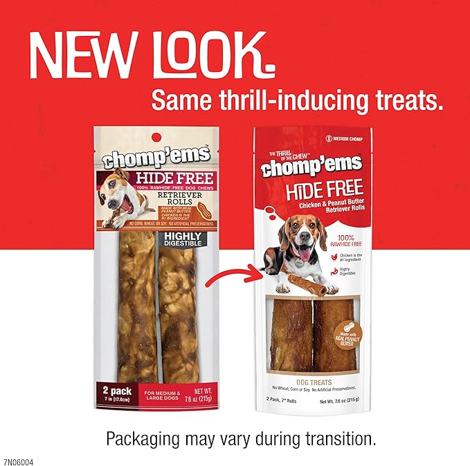 CHOMP 'EMS Chicken & Peanut Butter Hide Free Dog Chews - Rawhide Free Dog Treats - No Hide Alternative Chew Treat for All Life Stages, 7", 2 Count