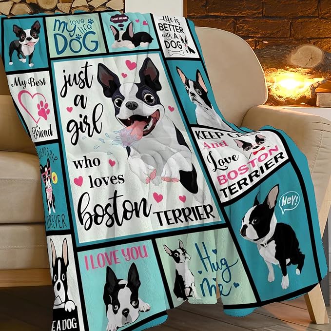 SweetFox Just A Girl Who Loves Boston Terrier Blanket, Funny Dog Decor Throw Blanket Gifts for Girls Boys Lover Super Warm Soft Plush Fleece Flannel Bedding Blankets for Kids Adults Men Women 50"X40"