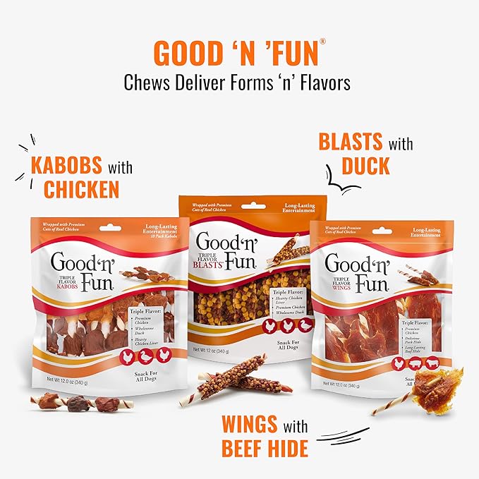 Good'n'Fun Triple Flavored Rawhide Kabobs for Dogs, 12 Oz (3 Pack)