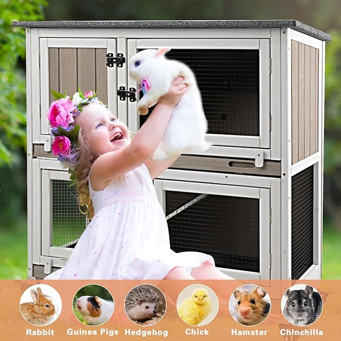 Gowoodhut 36" L Rabbit Hutch Indoor Wooden 2 Story Bunny Hutch Rabbit Cage Outdoor Bunny Cage on 4 Metal Wheels and 2 Deeper Pull Out Trays, Ramp, Guinea Pig Pet House for Small Animals, Grey