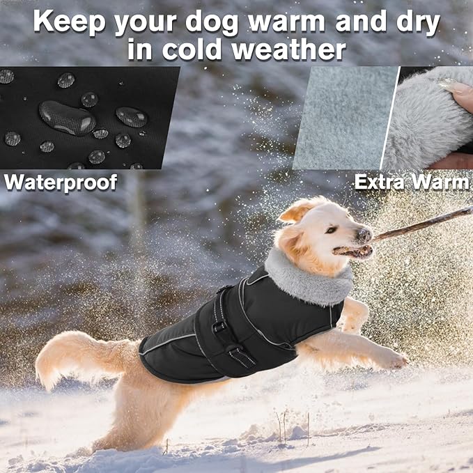 LeLePet Waterproof, Windproof Dog Coat (Black, 2XL) - Reflective, Adjustable, Polyester Cold Weather Coat with Fleece Lining for Large Dogs