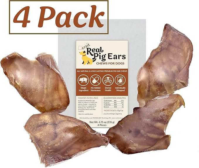 All Natural Pig Ears for Dogs – Single Ingredient, Individually Wrapped for Freshness & Odor Control – Long Lasting Rawhide Alternative Chews, Healthy Dog Treats for Medium & Large Dogs (4 Pack)