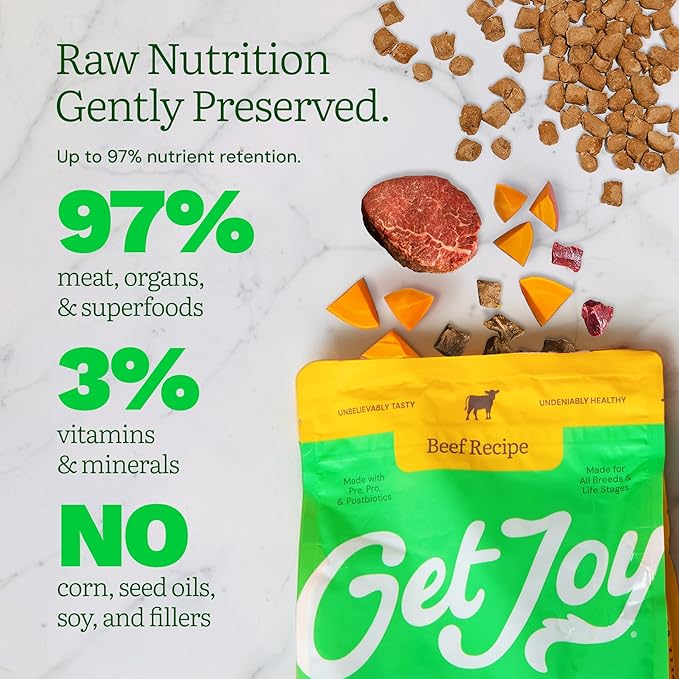 Get Joy Freeze Dried Dog Food | Beef Recipe with Superfoods for Gut Health & Digestion | Vet Formulated Meal or Topper for Puppy, Senior & Adult Dogs, 100% USDA Sourced, Seed Oil Free | 4oz Bag