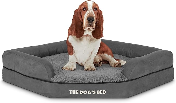 The Dog’s Bed Orthopedic Memory Foam Corner Dog Bed, Calming Surface – CertiPUR-Certified Foam, Plush Fabric, Grey Plush, Large