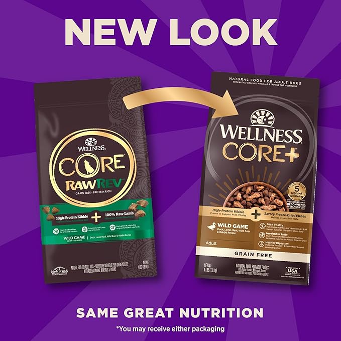 Wellness CORE+ Dry Dog Food with Freeze Dried Pieces, Grain Free, High Protein, Natural, Wild Game Duck, Lamb, Wild Boar, & Rabbit Recipe, (4-Pound Bag)