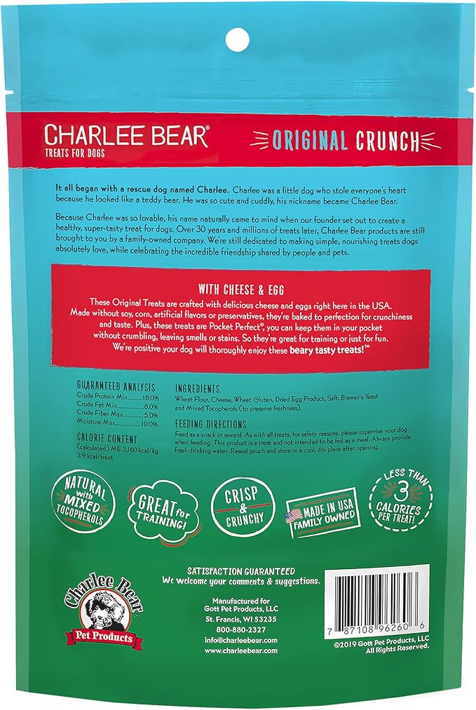 Charlee Bear Original Crunch Dog Training Treats, Cheese & Egg Flavor, 3 Calories Each, Low Calorie Natural Rewards for Puppies to Adult Dogs, Made in USA, 6 oz (4-Pack)