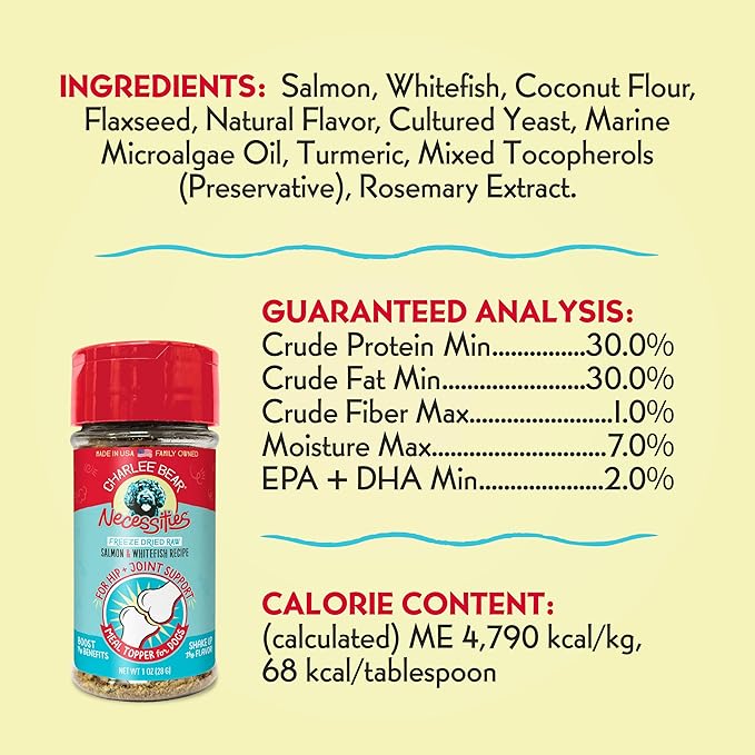 Charlee Bear Necessities Freeze Dried Dog Food Topper, Hip and Joint Support, Grain Free, High Protein, Limited Ingredient Meal Toppers for Dogs, Salmon and Whitefish Recipe, 1 Ounce