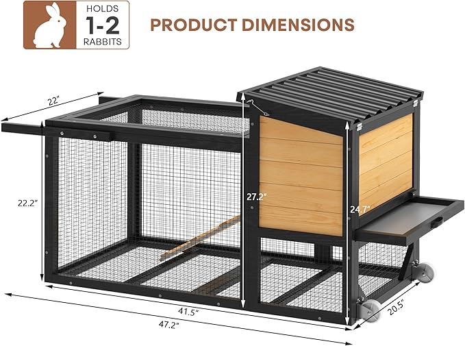 TIMHAKA 2-Story Rabbit Cage with Wheels, Bunny Hutch w/Chew-Proof Ramp, Indoor Outdoor Bunny Cage w/Leak-Proof Trays and Openable Waterproof Roof for Rabbits, Guinea Pig, Small Animal Yellow