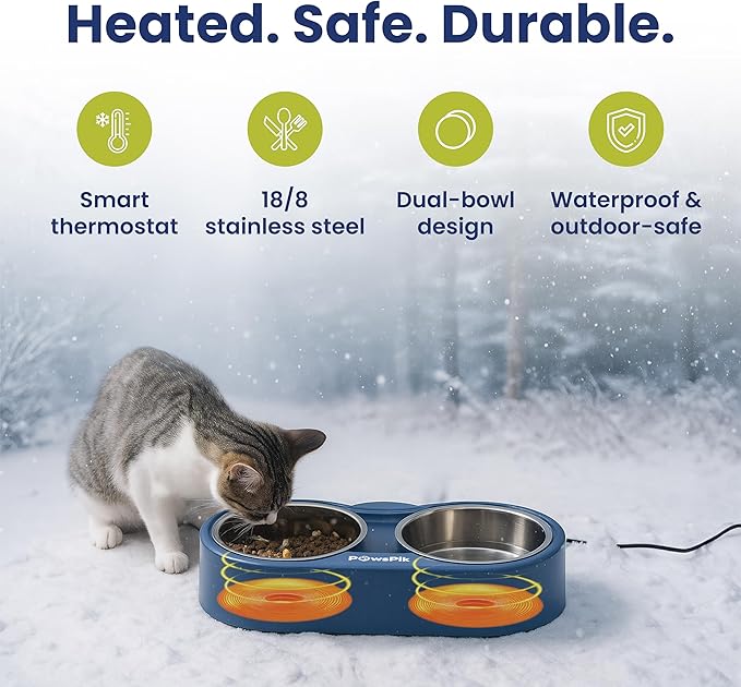 PawsPik Heated Water Bowl for Cats, 18/8 Stainless Steel Heated Pet Bowl, Outdoor Cat Bowl in Winter, Blue, 3 Cups