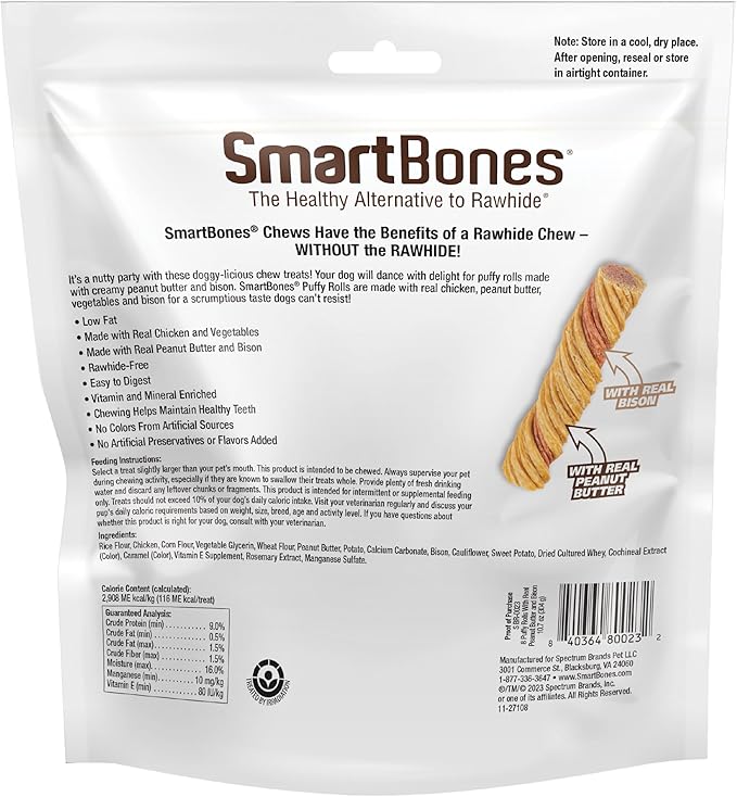 SmartBones Puffy Rolls Chews for Dogs, 8 Count, Treat Your Dog to Easy-to-Digest Rawhide-Free Chews Made with Real Peanut Butter and Bison