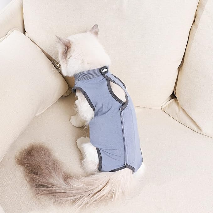 kzrfojy Cat Surgery Recovery Suit Cat Onesie for Cats After Surgery Spay Surgical Abdominal Wound Skin Diseases E-Collar Alternative Wear (Grey-Blue-S)