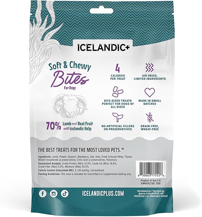 Icelandic+ Soft & Chewy Bites - Lamb, Berry & Kelp - 2.8oz Dog Treats, 70% Meat & Fruit, Air-Dried, Limited Ingredients, Pet Snack, Grain Free