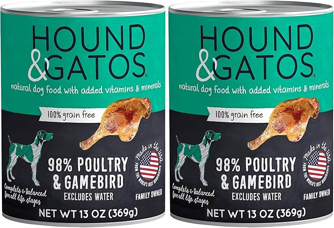 HOUND & GATOS Wet Dog Food, 98% Gamebird Poultry, case of 12, 13 oz cans (Pack of 2)