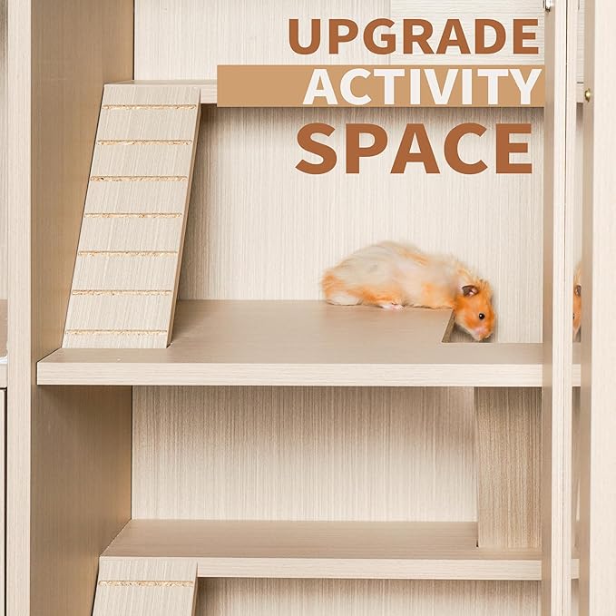 Hamster Cage Furniture with Storage Cabinet, House for Rat Chinchilla, 4-Tier Wood Habitat with Small Animal Cage for Rat, Hedgehog,Chinchilla with Openable Top (Wood)