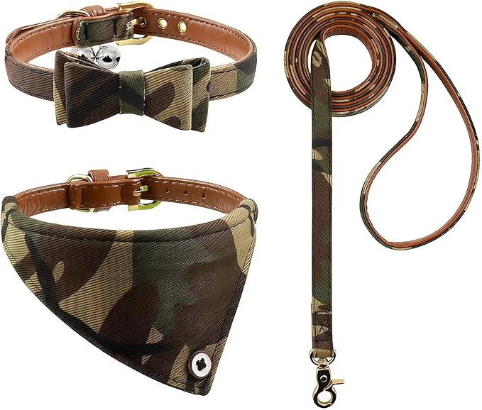 3PCS Bow Tie Dog Collar and Leash Set Plaid/Camo/Dots/Flower Dog Bandanas with Bell 3 Size Adjustable for Small Dogs Puppies and Cats (S, Camo 1)