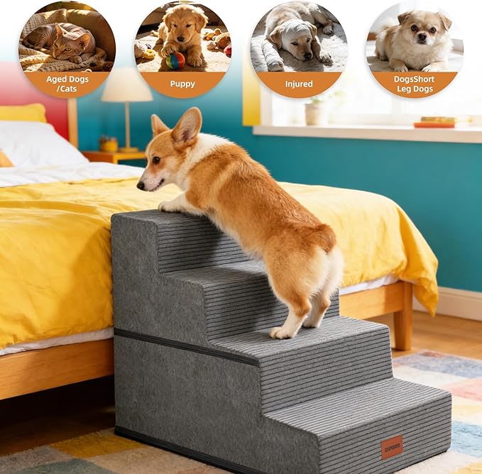 Dog Stairs for Small Dogs, 18" H, 4-Step Pet Steps for Beds or Couches, Non-Slip Balanced Pet Ramp for Medium Cats,Indoor Dog Ladder, Grey
