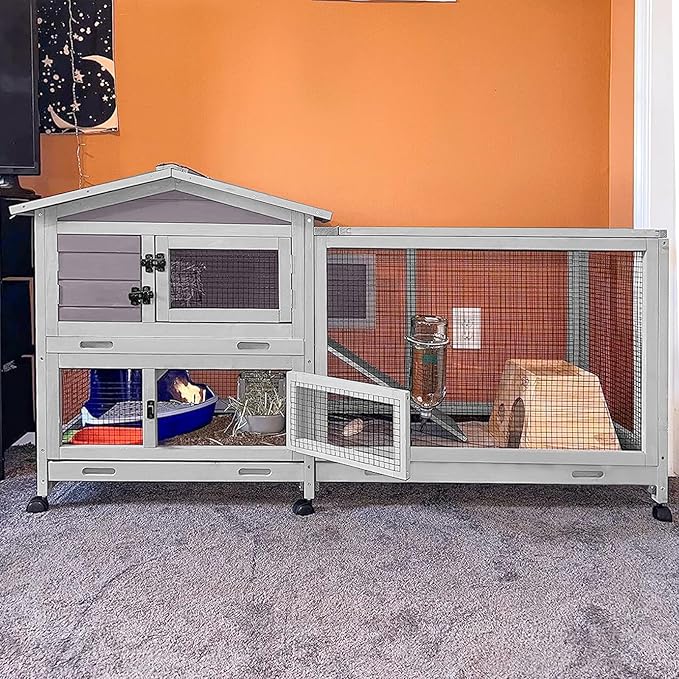 Aivituvin Rabbit Hutch 62" Rabbit Cage Indoor Outdoor Guinea Pig Cage on Wheels Bunny Cage with 3 Deep No Leakage Pull Out Tray,Waterproof Roof (Grey)