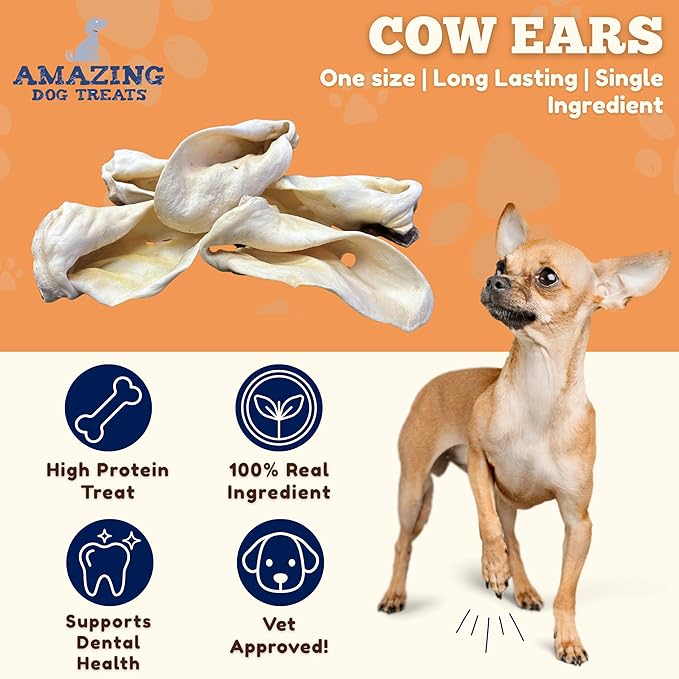 Amazing Dog Treats - Cow Ears for Dogs - Full Size (25 Pack) - Thick-Cut 100% Beef - All Natural Rawhide Alternative- Safe No Hide Dog Chew