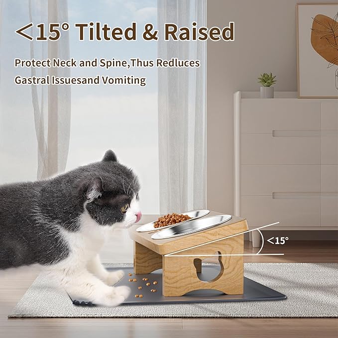 Elevated Cat Bowls with Silicone Mat, 15° Tilted Solid Wood Stand, Raised Stainless Steel Food & Water Dishes for Cats and Small Dogs, Anti-Vomiting Design(Natural)