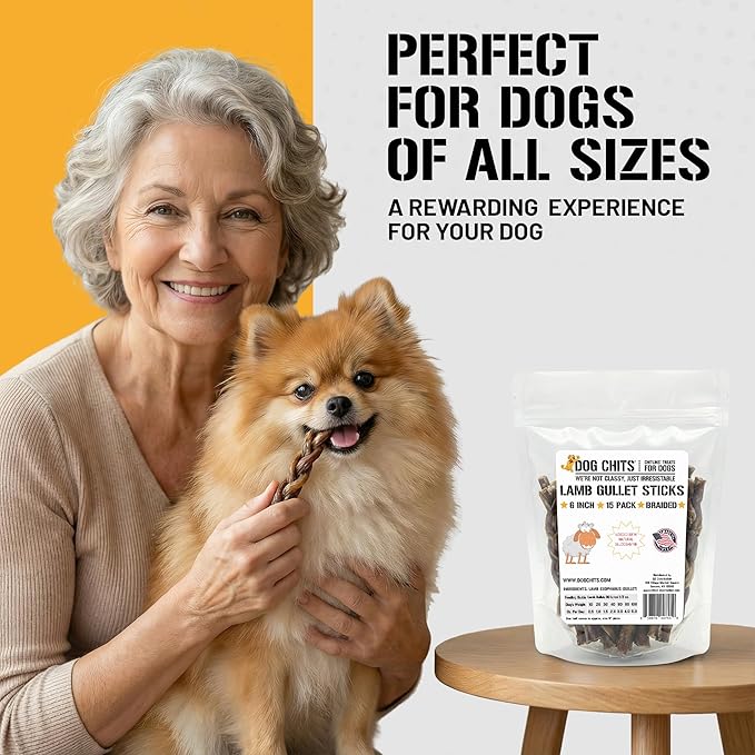 Dog Chits Lamb Esophagus Chews for Dogs & Puppies - Natural Single Ingredient - High Protein, Low Fat Lamb Chew - Long Lasting, Easily Digestible - Great for Joint - Dental Clean Crunch - 6inch, 15pck
