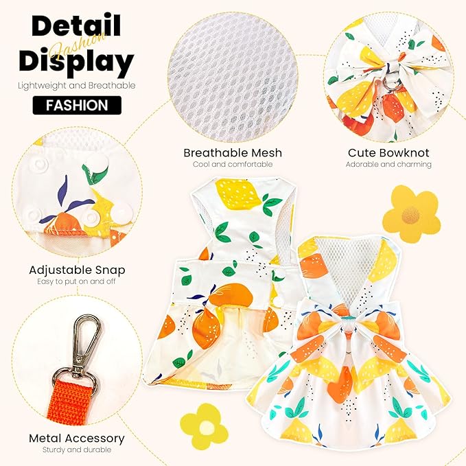 ABRRLO Cute Dog Dress Small Dog Clothes for Girls Female Puppy Outfits Yellow Lemon Pet Summer Clothes Bowknot Doggy Cat Princess Dress Harness for Holiday Birthday Party Costume Clothing(Yellow,L)