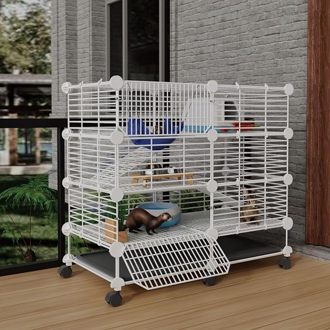 STILLCOVE Small Guinea Pig Cages Indoor: 3-Tier C&C Rabbit Cage Small Animal Cage on Wheel with Removable Tray for Bunny Hamster Ferret Rat Chinchilla Hedgehog